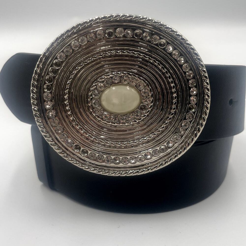 Chico's Black Adjustable Belt Crystal Silver Buckle Bling M L